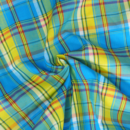 Véritable tissu madras coton turquoise, jaune et rouge